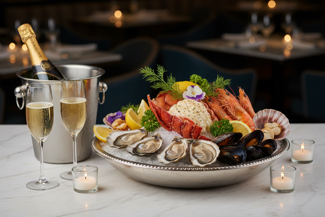 Elegant seafood platter with champagne