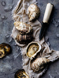 Oysters on linen and ice, including an opened oyster, beside a shucking knife