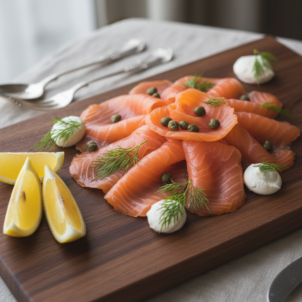 Organic smoked salmon sliced with dill and capers