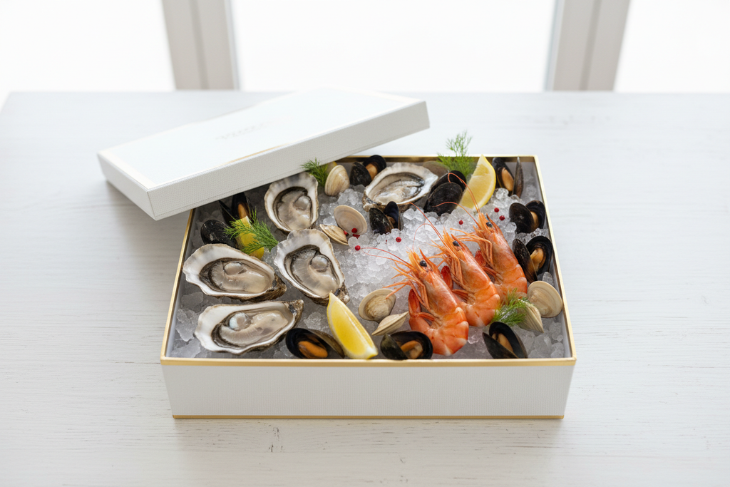 Luxury white gift box with oysters, mussels, clams and prawns on crushed ice