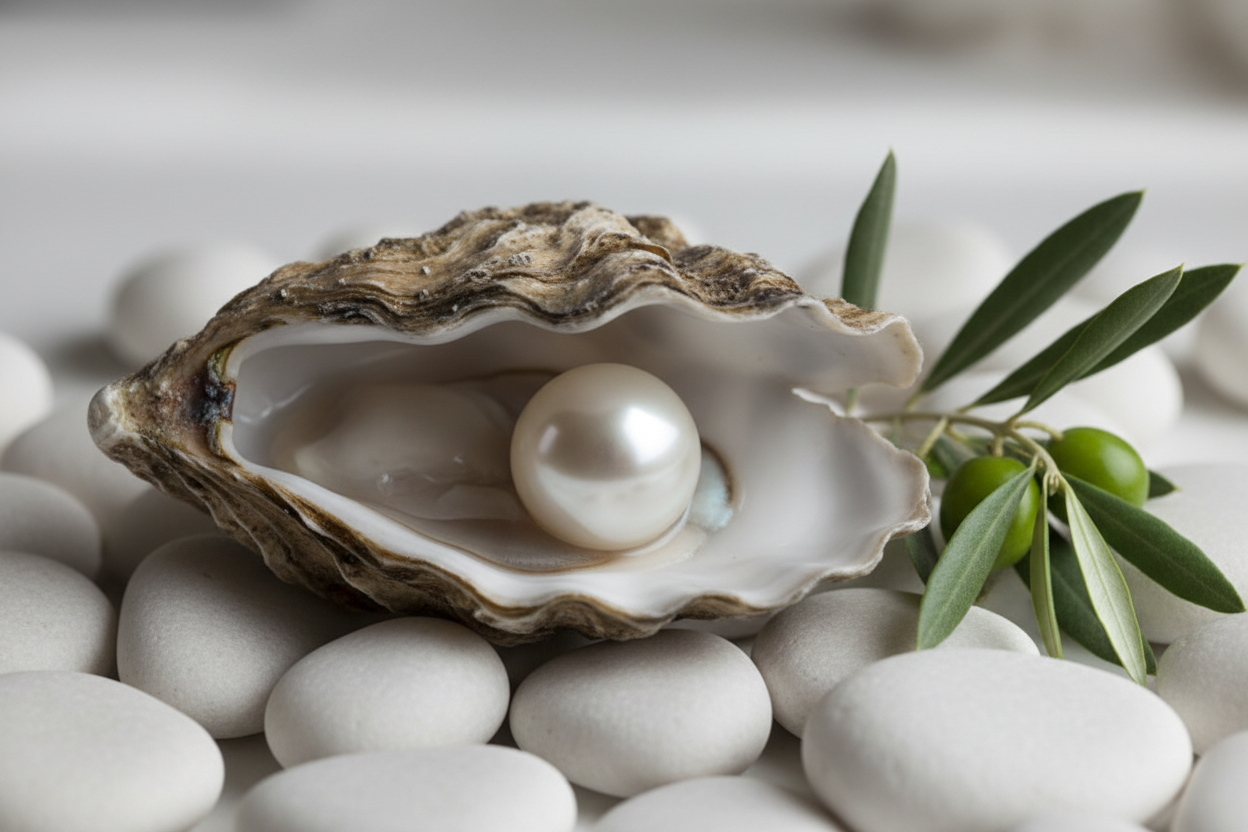 Oyster with pearl and olive branch on white pebbles